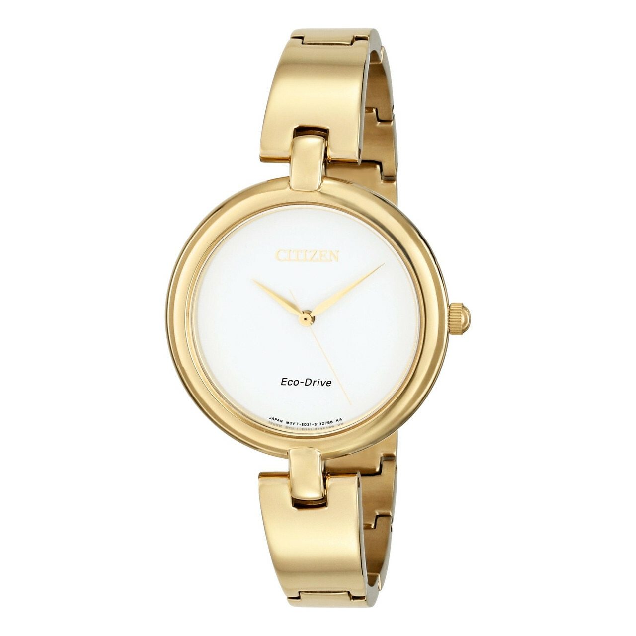 Citizen EM0222-82A Women's Eco-Drive Gold Tone Bangle Watch with white dial and stainless steel case.